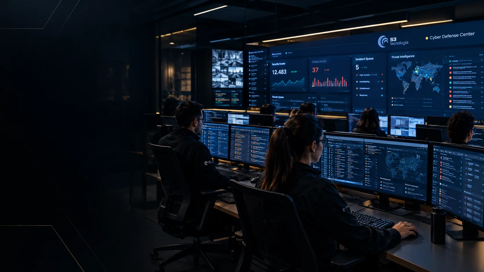 Analistas do S3 Cyber Defense Center monitorando painéis de segurança na sala de operações
